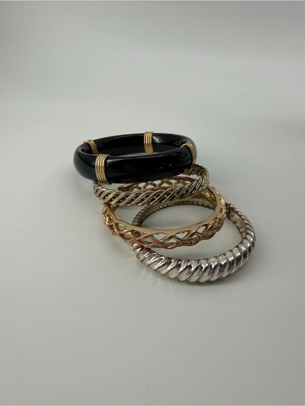 Vintage Bangle Bracelet Stack Set 4 Mixed Metal Gold Silver Black Mob Wife